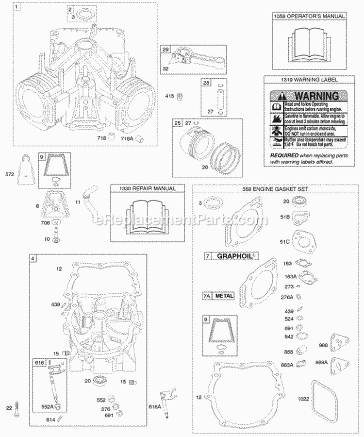 Cylinder Crankcase CoverSump Engine Gasket Set Piston Rings Connecting Rod Diagram and Parts List for  Briggs and Stratton Engine